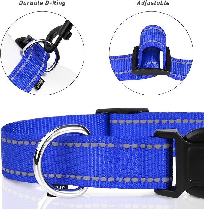 TagME Reflective Nylon Dog Collars, Adjustable Classic Pet Collar with Quick Release Buckle for Extra Large Dogs, Royal Blue, 1¼" Width