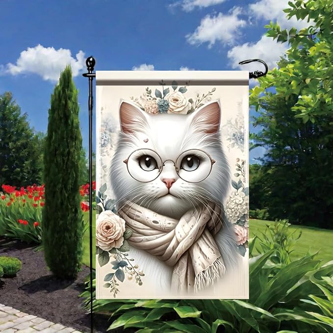 Cat Garden Flag 12x18 Inch Double Sided Outdoor Yard Banner White Cat with Glasses and Scarf Floral Design for Spring Summer Patio Porch Lawn Decoration