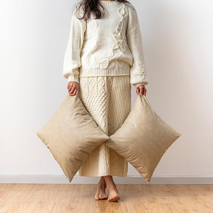 Oversized Vintage Decorative Pillow Covers, Pack of 2 Soft Rustic Abrasion Leather Throw Pillow Covers, for Home Decor Outdoor Waterproof Pet Hair Resistant Cushion Cover 26x26 inch Beige