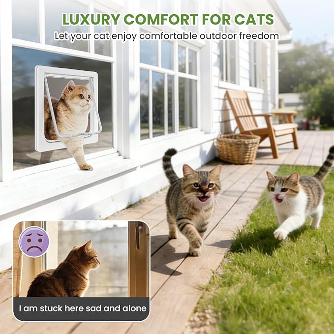 Cat Door for Window, 4 Locking Modes for Safety Cat Window Door, Fits 14"-24" Width Window, Durable Weatherproof design Cat Door, Magnetic Closure, Wider View, Pet Door With Safe & Comfortable for Cat