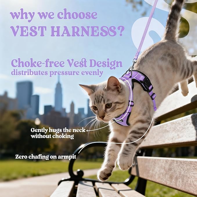 rabbitgoo Cat Harness and Leash for Walking, Escape Proof Soft Adjustable Vest Harnesses for Cats, Easy Control Breathable Reflective Strips Jacket, Light Purple, M