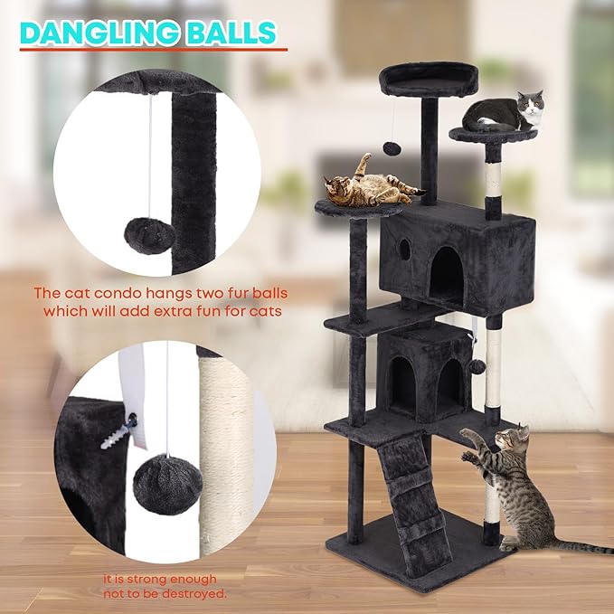 FDW | 70" Cat Tree Tower | Dark Gray | Multi-Level Indoor Activity Center with Sisal Scratching Posts, Condos, Plush Perches, Hanging Cat Toys | Sturdy, Easy to Assemble | for Kittens & Adult Cats