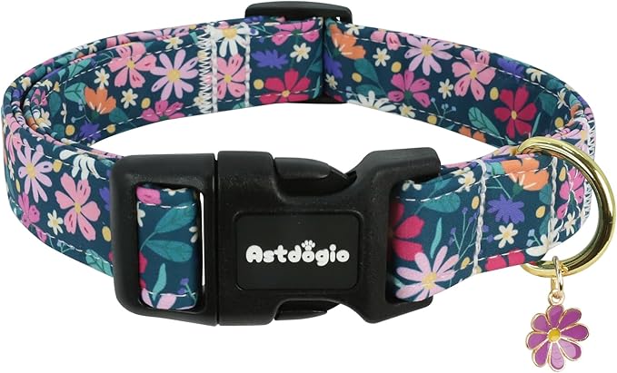 Dog Collar for Small Dogs, Spring Dark Green Dog Collars with Flowers Pattern, Adjustable Cotton Dog Collars, Cute Girl or Boy Dog Collar Ideal for Gifts,Pet Accessory