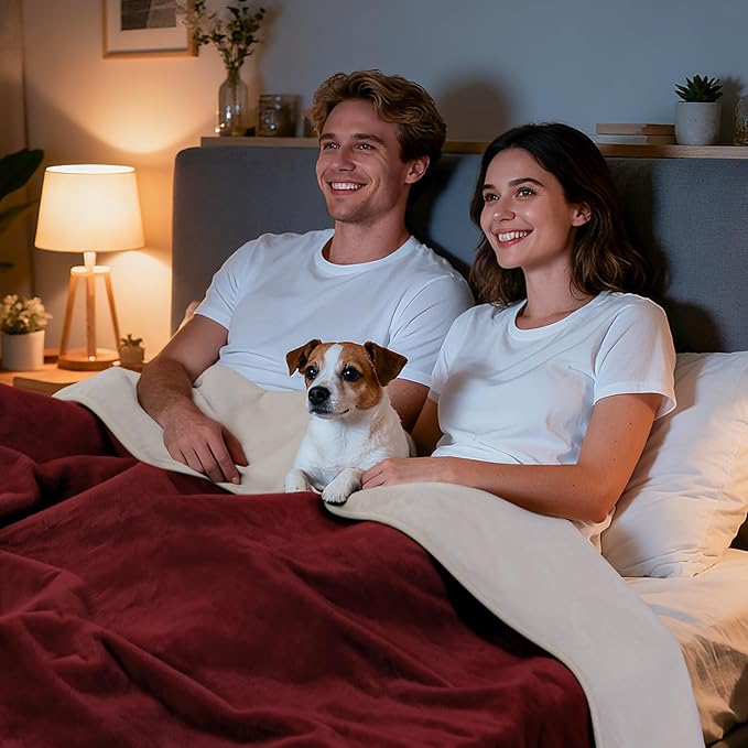 LOOBANI Waterproof Blanket for Bed: Reversible Soft Flannel King Size Bed Blanket 85" x 108", Waterproof Dog Blankets for Large Dogs, Spill-Proof Cover for Furniture Protection, Movie Time, Red