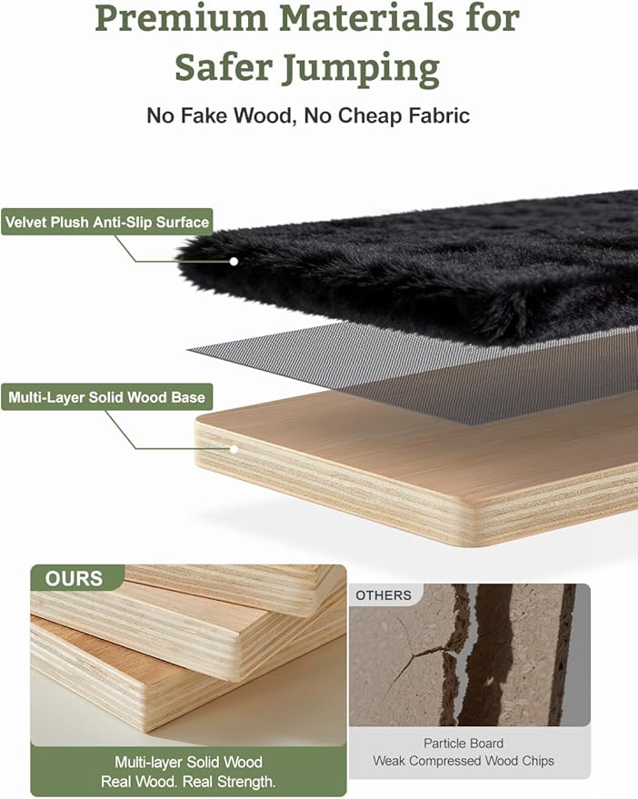 5-in-1 Cat Wall Shelves, Solid Wood & Velvet & Sisal Scratcher, 44lbs Max Load, Wall Mounted Cat Furniture for Climbers, Cat Climbing Wall System, Fits Drywall & Solid Walls - Black