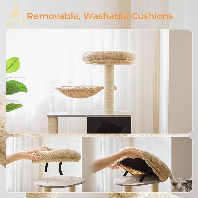 IRONCK Litter Box Enclosure with Cat Tree, 46" Hidden Litter Box with Sisal Scratching Ladder and Storage, Modular Wooden Litter Box Furniture with Condo and Platform, All-in-one Cat Tower, Greige
