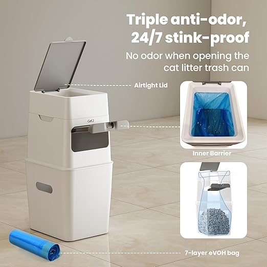 GKJ Cat Litter Box Waste Disposal System for Odor Control Cat Litter Trash Can | Includes 1 roll of 16 Easy Tear-Off Bags | Diaper Trash Can