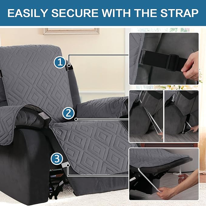 H.VERSAILTEX Reversible Quilted Recliner Covers Water Resistant Furniture Protector for Reclienr Chair with Elastic Straps for Pets Kids Sitting Width Up to 22"(Recliner, Gray/Beige)