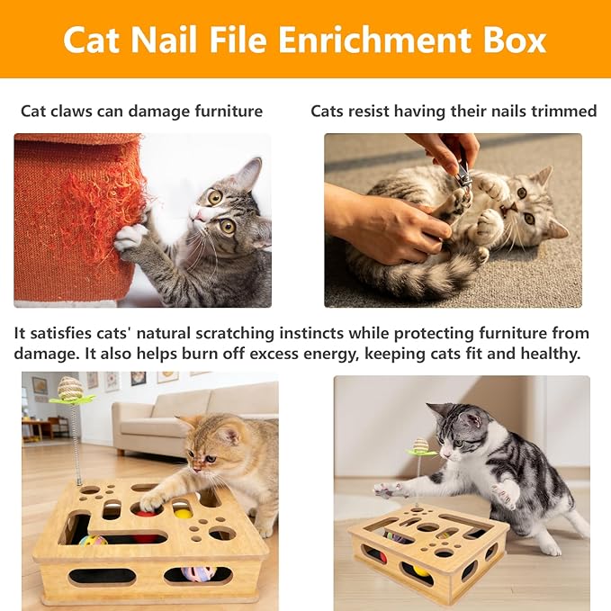 Interactive Wooden Cat Scratch Puzzle Enrichment Box,Cat Nail File Enrichment Box, Features Built in Sandpaper to Help Trim Claws During Play. (Burlywood Color)