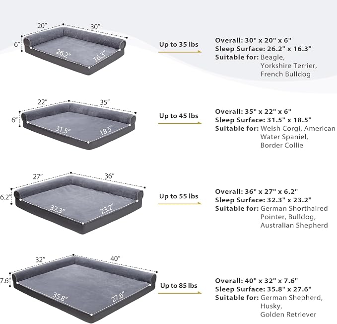 KSIIA Orthopedic Dog Bed - Waterproof for Large Dogs, Flannel Bolster Couch With Egg Crate Foam, Removable Washable Cover & Nonskid Bottom, 36 x 27 Inch, Gray
