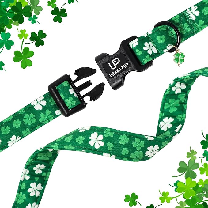 St. Patrick's Day Dog Collar, UP URARA PUP Shamrock Adjustable Pet Collar with Quick Release, St. Patrick's Day Dog Accessories for Small Medium Large Dogs