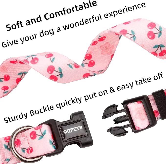 QQPETS Adjustable Soft Dog Collar: Print Flower Pink Multicolor Cute Patterns for XS Small Medium Large Pet Girl Boy Puppy Walking Running Training (M, Sakura Pink)