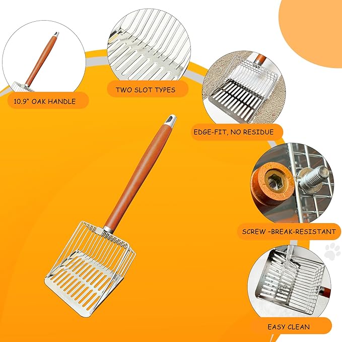Designed for Deep Litter Boxes, Long Handle Metal Cat Litter Scoop with Holder, Keeps Hands Clean and Away from Odor, Stainless Steel