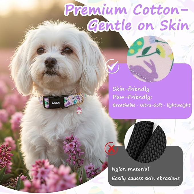 Easter Dog Collar, Spring Easter Egg Print Dog Collar with Purple Rabbit, Adjustable Cotton Puppy Collars Girl Boy Collar for Small Medium Large Dogs -S