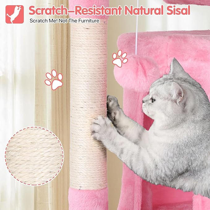 70in Cat Tree Cat Climbing Tower with Scratching Post, Cats House Perch Kitten Tree Condo Wood Playhouse, Pet Trees Tower for Indoor Cats, Pink