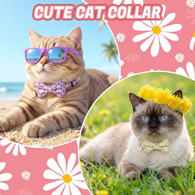 6 Pack Breakaway Cat Collars with Bow Tie and Bell Floral Kitten Cat Collars Adjustable Cat Bowtie Collar with Pendants for Girl Boy Kitten Cats