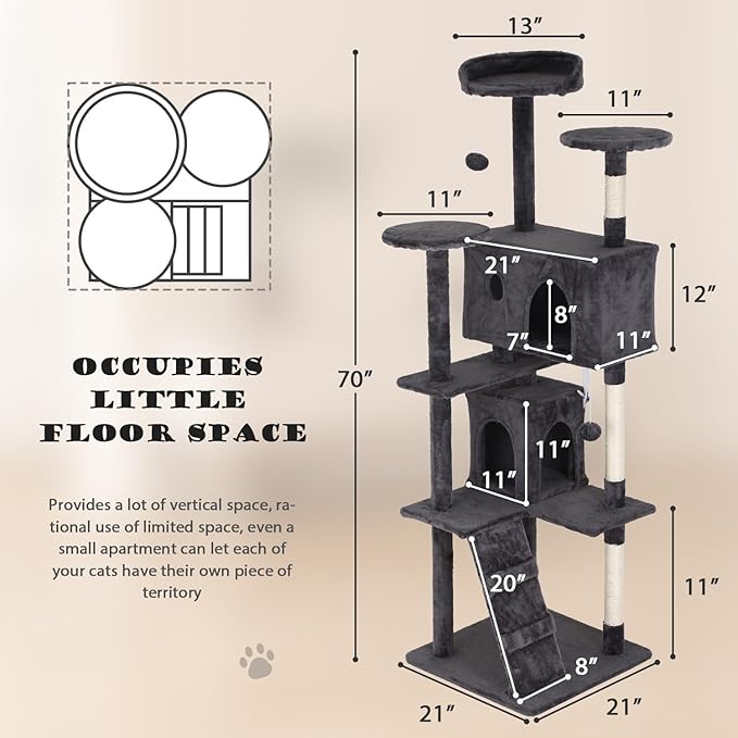 Heavy Duty Cat Tree Tower, 70" Tall Cat Tower for Indoor Cats with Cat Scratching Post with Bed, Cat Condo, Hanging Ball, Multi-Level Cat Climbing Tower Cat Trees Furniture Activity Center, Light Grey