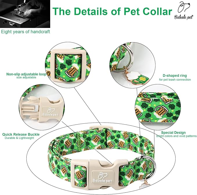 St Patricks Day Dog Collar for Small Dogs - Green Beer Shamrock Dog Collars for Boys&Girls Dogs, Adjustable Irish Clover Puppy Collar with Quick Release Buckle S
