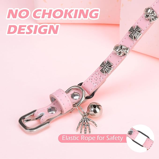 EXPAWLORER Cat Collar for Girl Boy Cats- Adjustable Leather Pet Collar with Safety Elastic Belt,Personalized Punk Accessories Buckle Collars with Bell & Durable D-Ring,Skull（Pink）