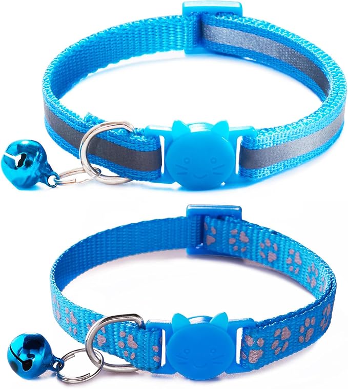 Sky Blue Reflective Cat Collar with Bells, [2 Pack] Break Away Kitten Collar with Bells, Breakaway Cat Collar for Boy Cats Kitty