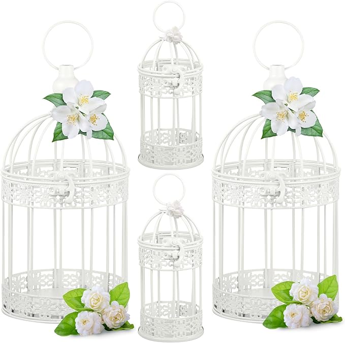 Sliner 4 Pcs Birdcage Candle Holder Valentine Decorative Bird Cages for Weddings Vintage Candlestick Holders Metal Lanterns Model Wedding Candle Centerpieces for Tables Valentine Home Decor(White)