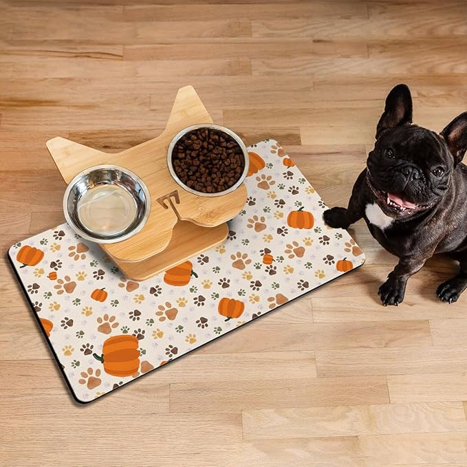 Fall Pumpkin Dog Food & Water Mat, Paw Prints Autumn Pet Feeding Mat for Floor Non-Slip Waterproof, Super Absorbent Cat Bowl Mat, Easy to Clean Eco-Friendly Durable Pet Placemat,12" × 20"