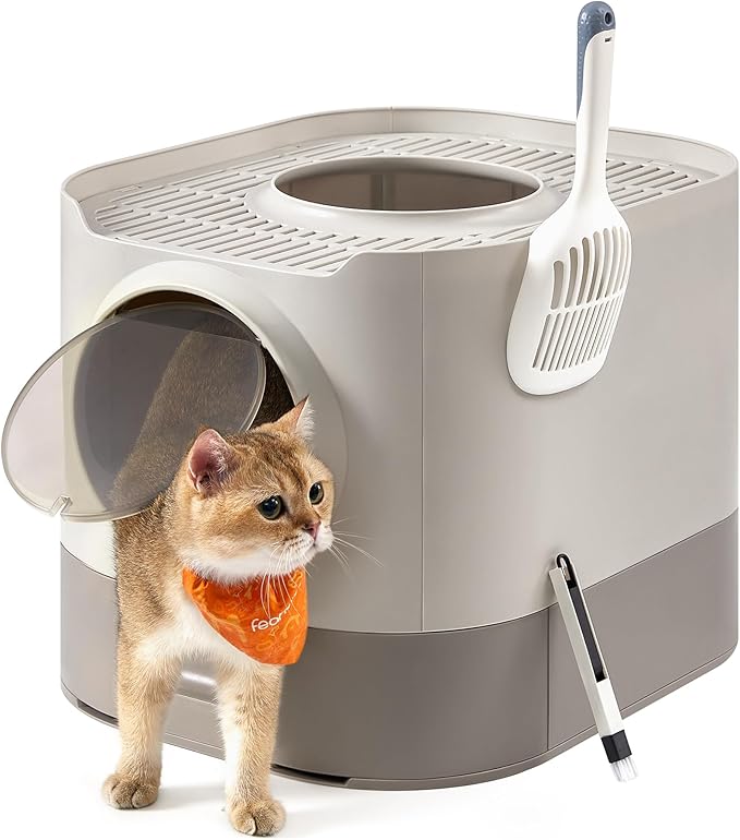 Feandrea Cat Litter Box with Lid, XL Enclosed Litter Box with Slide-Out Tray, Scoop, Brush, Anti-Tracking, for Cats of Different Sizes, Oatmeal and Warm Gray UPPT002G01