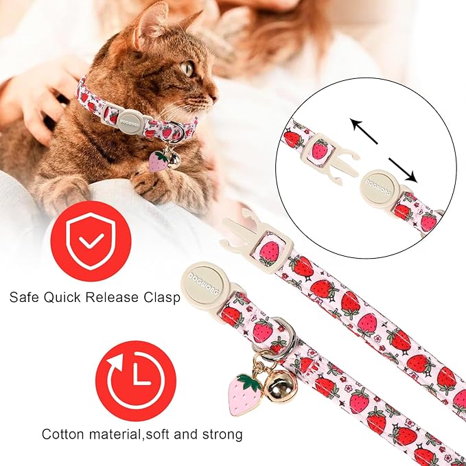 2 Pack Bee Cat Collars Breakaway with Bell, DOGWONG Safety Buckle Cute Strawberry Cat Collar for Girl Boy Cats，Adjustable 7-12 Inch