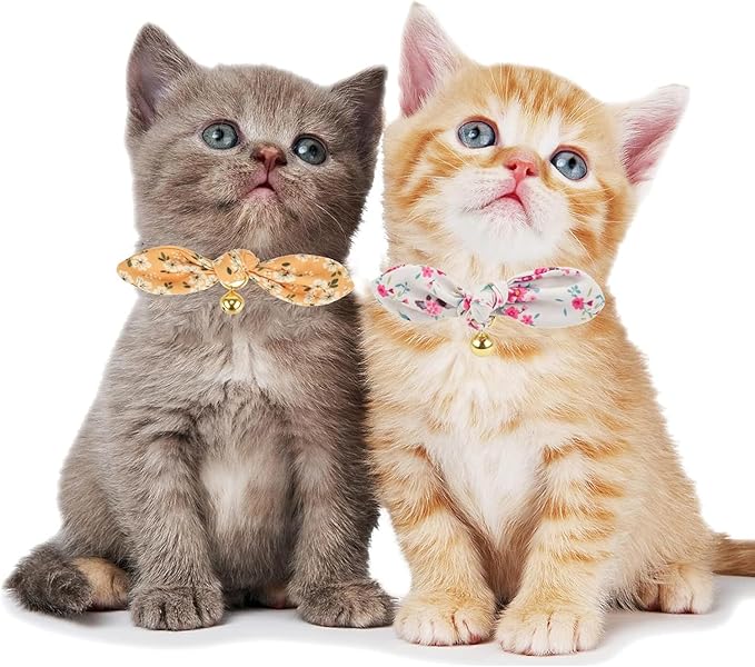 2 Pack Cotton Cat Collar, Removable Bowtie, Floral Pattern, Safety Breakaway Clasp, Adjustable for Cats.(Adult Cat, Yellow+White)