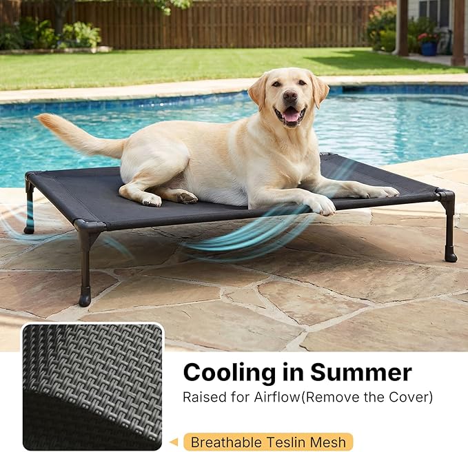 Veehoo Elevated Dog Bed with Waterproof Cushion Mat, Cooling Raised Dog Beds with Padded Top, Washable Outdoor Dog Bed, Orthopedic Pet Cot for Indoor & Outdoor, Medium Dog Bed 32" x 25", Dark Grey