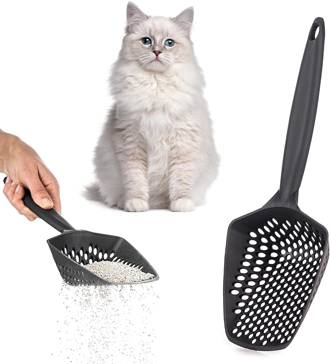Set of 1 Cat Litter Scoop with Small Holes, Deep Sifting Shovel for Fine Litter, Reptile Terrarium Sand & Rabbit Pooper Lifter, Hanging Handle Poop Scooper (Black, Set of 1)