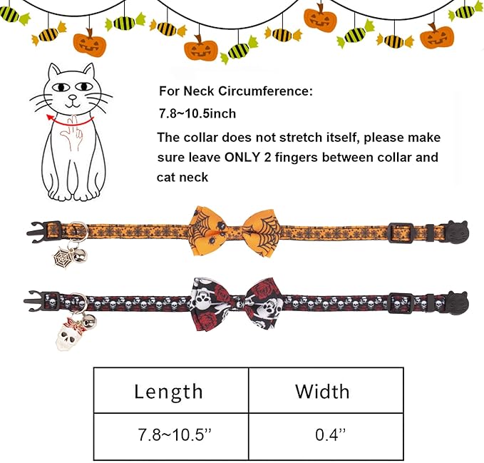 ADOGGYGO Halloween Cat Collars with Bow Bell, Breakaway Kitten Bowtie Collar Spider Web Skull Halloween Collars for Girl Boy Cats Kittens