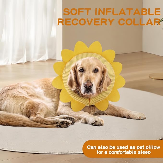 IEUUMLER Inflatable Recovery Dog Collar, Protective Donut Cone, Adjustable Soft Collar for Dog and Cat After Surgery Prevent from Biting & Scratching EU002 - Sunflower L+