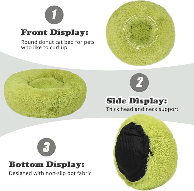 Calming Donut Dogs Beds for Small Dogs Washable,23inch Plush Round Pet Bed for Cozy Sleep,Fluffy Faux Fur Large Cat Bed,Fits up to 25 lbs Pets,Green