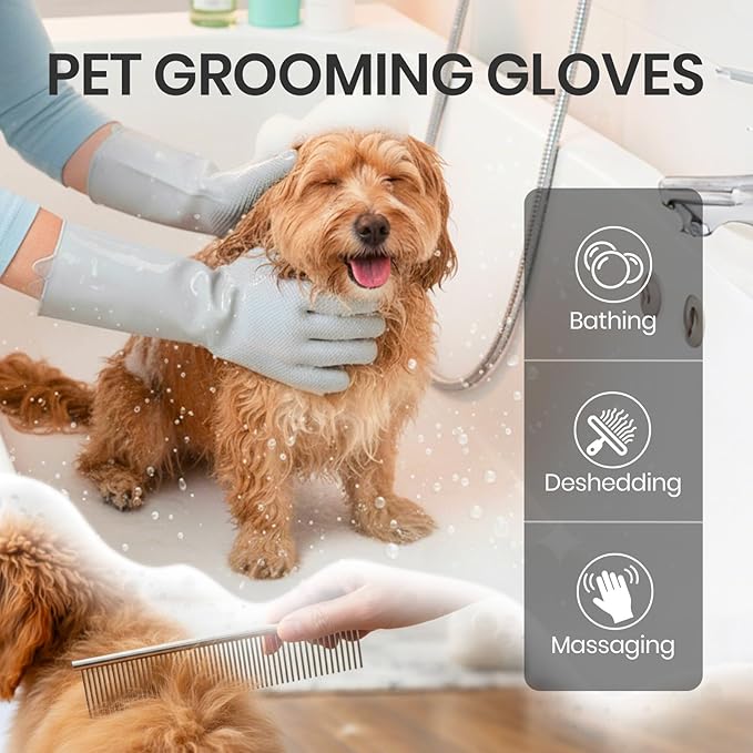 DELOMO Dog Washing Gloves with Comb: Soft and Gentle Silicone Pet Grooming Gloves - Bathing Scrubber Brush Mitt Grooming Shedding Fur Removal Massage for Dogs/Cats/Horse, Grey