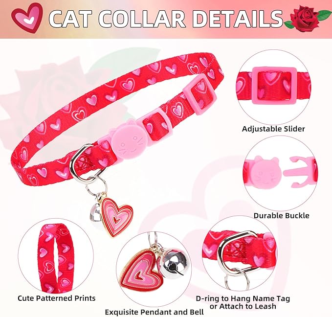 PUPTECK Breakaway Cute Cat Collar with Bell Charm for Kitty, 2 Packs Adjustable Kitten Collars Rose and Love Pattern, Red Pink Heart, 7.8-11.8 in