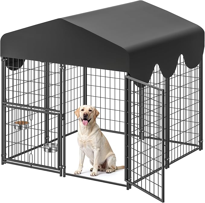 4x4x4.5ft Outdoor Dog Kennel, Metal Heavy Duty Dog Run with Rotating Door & 2 Adjustable Bowls, Dog Kennel Outside with Waterproof Cover, Pet Enclosure Indoor for Small/Medium/Large Dogs