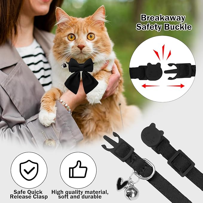 Cat Collar Breakaway with Bells, Soft Pure Cotton Bowtie Collar for Girl Boy Cats, 2 Pack Cute Personalized Small Kitten Collars with Bow for Weddings Parties, Red and Black, 8-12 Inch