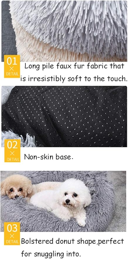 BODISEINT Faux Fur Dog Bed, Shag Round Anti-Anxiety Pet Calming Doughnut Cuddler for Medium Large Puppy Dog Cat Kennel Cushion - Self Warming (28'' D x 8" H, Light Grey)