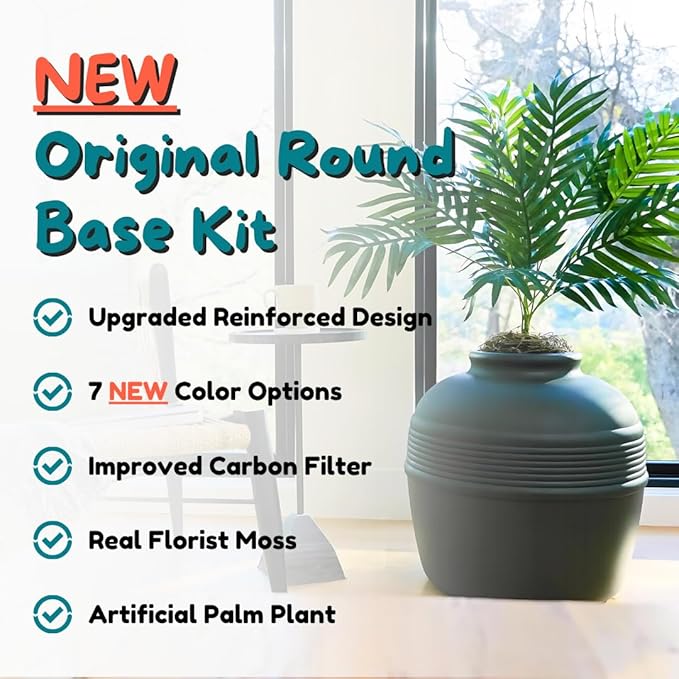 Good Pet Stuff Hidden Litter Box Planter, Decorative Cat Litter Enclosure with Carbon Filter, Artificial Plant, Easy Clean, Improved Design, Round Style, Base Kit, Matte Black