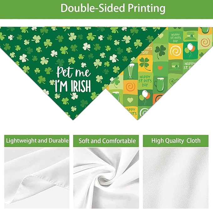 St Patricks Day Dog Bandanas - Lucky Shamrock Puppy Scarf - 2 Pcs Adjustable Triangle Double Layer Reversible Pet Bandanas for Small Medium Large Dogs