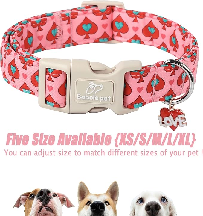 Valentines Dog Collar for Small Dogs - Design Cute Rose Red Valentine Dog Collars Boy Girl Puppy Adjustable Quick Release Buckle Collar with Little Heart Charm XS