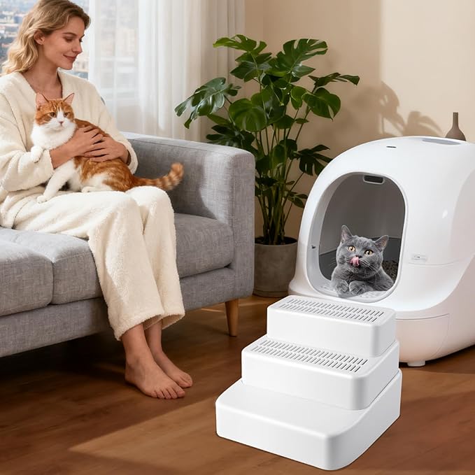 Adjustable 3 Steps Litter Box Ramp, Litter Box Step with Filter Function, Easy to Clean Cat Litter Stair Catcher for Older Cats and Small Cats (White)