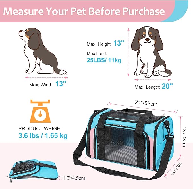 Discala Cat Dog Carrier Pet Carrier for Small Medium Cats Puppies Dog Carriers for Small Dogs Collapsible Soft Sided Cat Travel Carrier - Blue&Pink 21 * 13 * 13