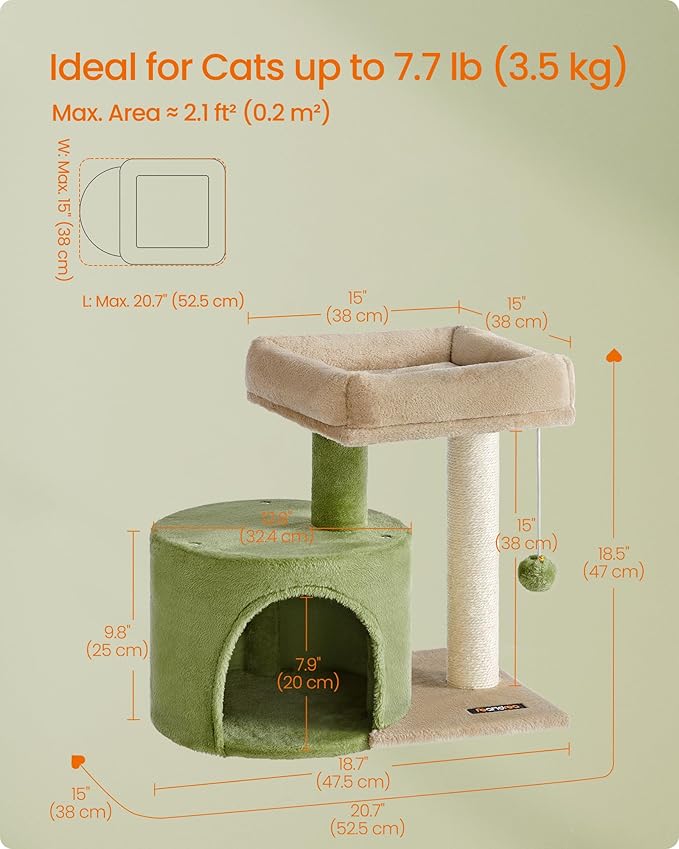 Feandrea Cat Tree, Small Cat Tower with Sisal Scratching Post, Plush Condo with Padded Perch, for Small Spaces, Kittens, Grass Green and Camel Brown UPCT050C01