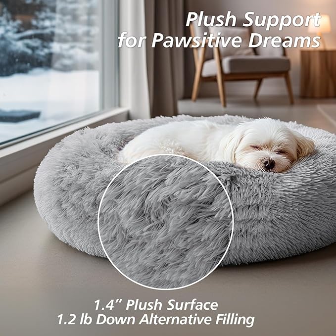 JOLLYVOGUE Calming Dog Bed Large Size Dog, Anti-Anxiety Donut Large Pet Bed, 36 inches Fluffy Faux Fur Round Cat Bed, Fits up to 75 lbs Pets (Smoke Grey)