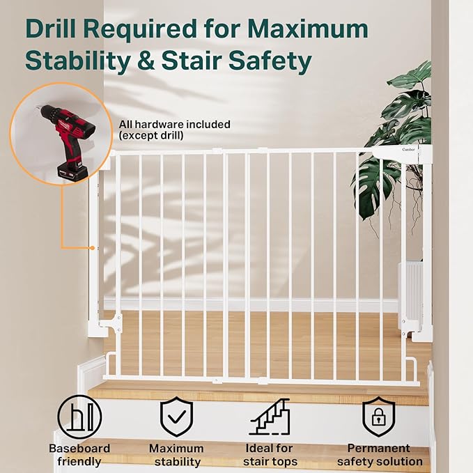 Cumbor 29.2–43" Baby Gate for Stairs, Wall-Mounted (Drill Required), Expandable No Bottom Bar Dog Gate, Auto Close Extra Wide Walk Thru, Pet & Toddler Proof Gate, Top & Bottom of Stairways (White)