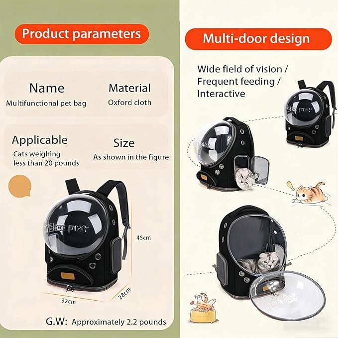 Cat Backpack Carrier, Breathable Pet Carrier Backpack Large Space Bubble for Small Dog and Large cat up to 18lbs, Transparent & Foldable Pet Carrier for Travel Hiking (Black)