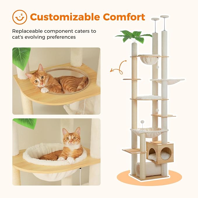 PETEPELA Floor to Ceiling Cat Tree,93.3''-100.8'' Height Adjustable Wooden Cat Tower, Tall Modern Climbing Tree with Large Hammock, Soft Perch and Scratching Post for Indoor Cats Large Adult, Beige
