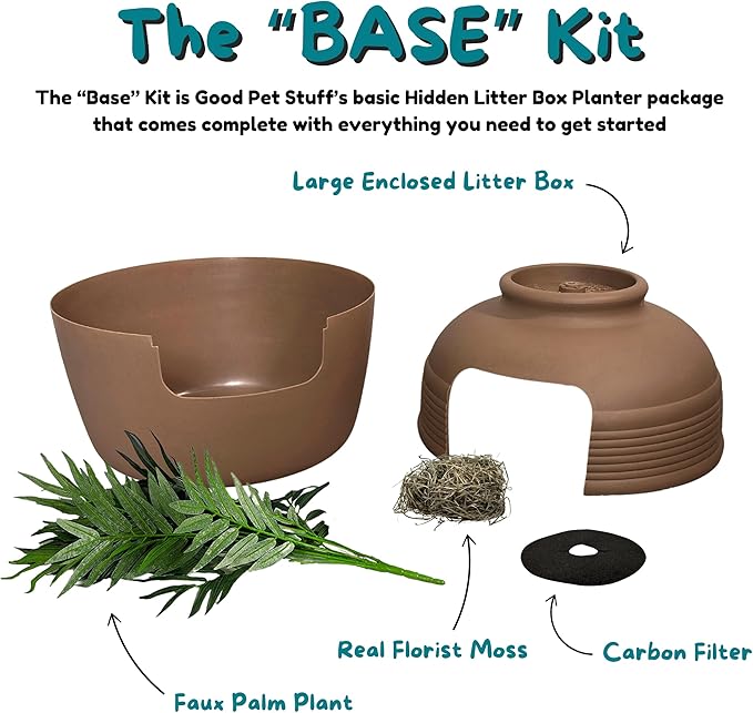 Good Pet Stuff Hidden Litter Box Planter, Decorative Cat Litter Enclosure with Carbon Filter, Artificial Plant, Easy Clean, Indoor Design, Original Round Style, Base Kit, Mocha Brown